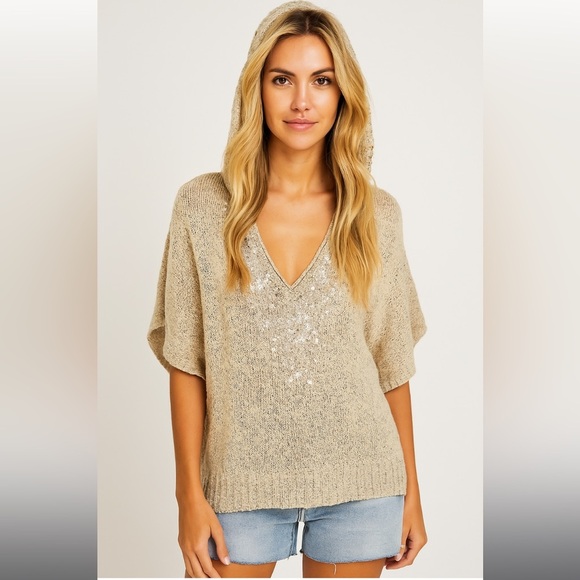 Jlo sequin shirt sleeve hooded sweater y2k coastal casual fall knit top boho - Picture 1 of 4